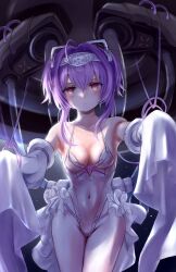 Rule 34 | 1girl, breasts, cleavage, closed mouth, covered navel, detached sleeves, frills, goddess of victory: nikke, headband, highres, leotard, liberalio (nikke), lunati nikke, pleated skirt, purple hair, red eyes, short hair, sidelocks, skirt, small breasts, solo, thighs, tube, very long sleeves