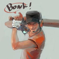 Rule 34 | 1boy, baseball bat, black hat, blue eyes, commentary request, dog tags, grey background, grin, hand wraps, hat, headset, highres, holding, holding baseball bat, loghtan, looking at viewer, male focus, red scout (tf2), red shirt, scout (tf2), shirt, simple background, smile, solo, speech bubble, team fortress 2, upper body