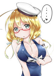 Rule 34 | 10s, 1girl, beret, blonde hair, blue eyes, blush, breasts, cum, cum on body, cum on breasts, cum on upper body, glasses, hair ribbon, hat, i-8 (kancolle), kantai collection, large breasts, long hair, looking at viewer, one-piece swimsuit, open mouth, red-framed eyewear, ribbon, school swimsuit, serakoutarou, solo, swimsuit, swimsuit tug, upper body