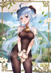 Rule 34 | 1girl, ahoge, apple caramel, bare arms, bare shoulders, bell, blue hair, bodystocking, breasts, covered erect nipples, covered navel, cowbell, cowboy shot, detached collar, flower, ganyu (genshin impact), genshin impact, goat horns, highres, holding, horns, impossible clothes, large breasts, long hair, looking at viewer, open mouth, paid reward available, purple eyes, smile, solo, standing, white flower