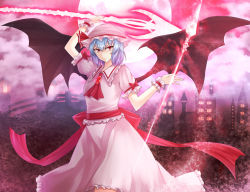 Rule 34 | 1girl, aged up, arm above head, ascot, bad id, bad pixiv id, bat wings, blue hair, bridge, brooch, cityscape, dual wielding, fog, full moon, hat, hat ribbon, highres, holding, jewelry, mob cap, moon, puffy short sleeves, puffy sleeves, red eyes, red moon, remilia scarlet, ribbon, sash, short hair, short sleeves, skirt, skirt set, solo, spear the gungnir, stone lantern, touhou, tsurime, wings, wrist cuffs, zellam