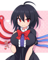 Rule 34 | 1girl, ahoge, asymmetrical wings, black dress, black hair, bow, bowtie, breasts, center frills, closed mouth, commentary request, dress, frills, hair between eyes, hand on own chest, hand up, heart, houjuu nue, large breasts, letterboxed, light blush, looking at viewer, medium hair, motion lines, pink background, polka dot, polka dot background, red bow, red bowtie, red eyes, rizento, short sleeves, smile, solo, touhou, upper body, wings