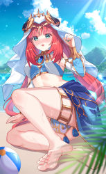 Rule 34 | 1girl, absurdres, aqua eyes, barefoot, blue sky, circlet, cloud, crop top, detached sleeves, feet, genshin impact, gher5555, gold trim, harem outfit, highres, jewelry, legs, long hair, long sleeves, looking at viewer, neck ring, nilou (genshin impact), parted bangs, parted lips, puffy long sleeves, puffy sleeves, red hair, skirt, sky, soles, solo, thighlet, thighs, toes, veil, wet, white headwear