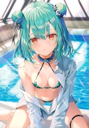 Rule 34 | 1girl, absurdres, artist name, bikini, blush, breasts, brown eyes, collarbone, double bun, earrings, green hair, hair bun, hair ornament, halterneck, highres, hololive, jewelry, long sleeves, looking at viewer, navel, off shoulder, parted lips, pool, poolside, rei no pool, rin yuu, scan, shirt, signature, simple background, skull earrings, skull hair ornament, small breasts, solo, stomach, swimsuit, uruha rushia, virtual youtuber, water