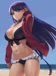 Rule 34 | 1girl, abs, absurdres, beach, bikini, black bikini, blue eyes, blue sky, blunt bangs, breasts, choker, cleavage, cross, day, fate/grand order, fate (series), frills, hand in own hair, highres, jacket, large breasts, latin cross, long hair, looking at viewer, martha (fate), martha (swimsuit ruler) (fate), martha (swimsuit ruler) (second ascension) (fate), navel, ocean, open clothes, open jacket, parted lips, purple hair, ranma (kamenrideroz), red jacket, sky, smile, solo, swimsuit, thighs, toned