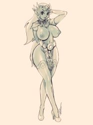 Rule 34 | 1girl, breasts, curvy, full body, gloves, high heels, highres, hip focus, large breasts, legs, light smile, loincloth, long hair, monochrome, navel, nintendo, pointy ears, princess zelda, robaato, solo, stomach, the legend of zelda, thick thighs, thighs, wide hips