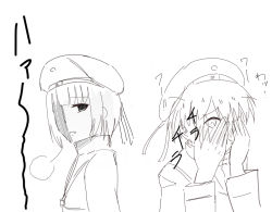 Rule 34 | 10s, 2girls, covering face, embarrassed, kantai collection, monochrome, multiple girls, simple background, tama den, z1 leberecht maass (kancolle), z3 max schultz (kancolle)