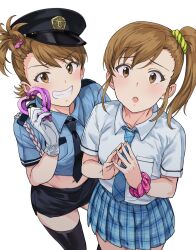 Rule 34 | 2girls, black necktie, black skirt, black thighhighs, blue necktie, blue shirt, blue skirt, blush, breasts, brown eyes, brown hair, cuffs, from above, futami ami, futami mami, gloves, grin, hair ornament, hair scrunchie, hand up, handcuffs, hands up, hat, highres, holding, holding handcuffs, idolmaster, idolmaster (classic), idolmaster million live!, idolmaster million live! theater days, long hair, looking at viewer, looking up, midriff peek, miniskirt, multiple girls, navel, necktie, open mouth, pencil skirt, pink scrunchie, plaid, plaid skirt, pleated skirt, police, police hat, police uniform, policewoman, school uniform, scrunchie, shirt, short hair, siblings, side ponytail, simple background, sisters, skirt, small breasts, smile, steepled fingers, thighhighs, tsurui, twins, two-tone scrunchie, uniform, v-shaped eyebrows, white background, white gloves, white shirt, wrist scrunchie, zettai ryouiki