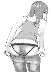Rule 34 | 1girl, camisole, character request, clothes pull, commentary request, copyright request, fukushima masayasu, greyscale, highres, lace, lace-trimmed panties, lace trim, leaning forward, long hair, looking at viewer, looking back, monochrome, panties, pants, pants pull, parted lips, simple background, solo, spaghetti strap, underwear, undressing