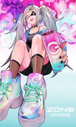 Rule 34 | 1girl, black nails, blunt bangs, can, choker, dive to zone, energy drink, eyepatch, flower, grey hair, hair ornament, hairclip, highres, holding, holding can, lam (ramdayo), nail polish, power symbol, shoes, shorts, sneakers, solo, tongue, tongue out, twintails