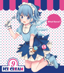 Rule 34 | 1girl, adapted costume, bad id, bad pixiv id, blue hair, cirno, food, hair bun, ice, ice cream, ice cream cone, ice cream scoop, ice wings, looking at viewer, maid headdress, maki (natoriumu), open mouth, puffy sleeves, roller skates, shirt, short sleeves, simple background, skates, skirt, solo, touhou, wings, wrist cuffs