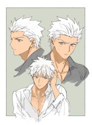 Rule 34 | 1boy, alternate hairstyle, archer (fate), blush, collage, cropped shoulders, dark-skinned male, dark skin, emya, fate/grand order, fate/stay night, fate (series), grey eyes, male focus, multiple views, open mouth, pectorals, short hair, spiked hair, sweatdrop, white hair