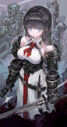 Rule 34 | 1girl, armored gloves, bare shoulders, black hair, blue eyes, cowboy shot, dress, expressionless, hair ornament, hairclip, highres, holding, holding sword, holding weapon, long hair, looking at viewer, necktie, original, red necktie, solo, sword, voruvoru, weapon, white dress