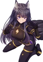 Rule 34 | 1girl, absurdres, animal ear fluff, animal ears, black gloves, bodysuit, breasts, claw pose, cleavage, cleavage cutout, clothing cutout, delta (kage no jitsuryokusha ni naritakute!), from above, full body, gem, gloves, gold trim, grin, hands up, highres, kage no jitsuryokusha ni naritakute!, kneeling, long hair, looking at viewer, purple eyes, purple gemstone, purple hair, smile, solo, tail, user yja4775, wolf ears, wolf girl, wolf tail