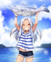 Rule 34 | 1girl, :d, absurdres, animal, arms up, blue shorts, blurry, blurry background, blush, character request, closed eyes, commentary request, copyright request, cowboy shot, day, fish, grin, highres, holding, holding animal, holding fish, jewelry, korean commentary, long hair, necklace, ocean, official alternate costume, open mouth, shell, shell necklace, shirt, short shorts, short sleeves, shorts, silver hair, sky, smile, solo, striped clothes, striped shirt, supernew, white shirt, wristband