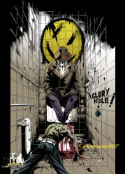 Rule 34 | 2boys, ascot, bathroom, blood, coat, dc comics, death, fedora, glory hole, hat, inkblot, male focus, mask, metalhanzo, multiple boys, pinstripe pattern, rorschach, smiley face, striped, text focus, toilet, toilet paper, trench coat, watchmen