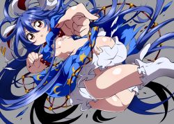 Rule 34 | 1girl, animal ears, bloomers, blue dress, blue hair, bobby socks, breasts, bwell, dress, long hair, midriff, navel, pointing, puffy short sleeves, puffy sleeves, rabbit ears, rabbit tail, red eyes, seiran (touhou), short dress, short sleeves, socks, solo, tail, torn clothes, torn dress, touhou, underboob, underwear, very long hair