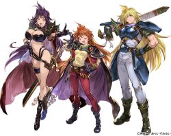 Rule 34 | 10s, 1boy, 2girls, armor, belt, belt skirt, blonde hair, boots, breastplate, breasts, cape, carrying over shoulder, circlet, cleavage, fang, fingerless gloves, full body, fur trim, gloves, gourry gabriev, granblue fantasy, hair intakes, hand on own hip, large breasts, lina inverse, long hair, minaba hideo, multiple girls, naga the serpent, navel, official art, open mouth, pauldrons, purple hair, red hair, revealing clothes, short sleeves, shoulder armor, slayers, smile, sword, thigh strap, transparent background, v, weapon, white background