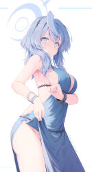 Rule 34 | 1girl, absurdres, ako (blue archive), ako (dress) (blue archive), bare shoulders, blue archive, blue eyes, blush, breasts, daidai (daidai826), dress, hair ornament, highres, large breasts, looking at viewer, short hair, sideboob, simple background, smile, solo, white background