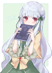 Rule 34 | 1girl, absurdres, blush, book, bow, brown bow, character name, closed mouth, commentary request, dress, female focus, green background, green bow, green dress, hair bow, hands up, heart, highres, holding, holding book, long hair, looking at viewer, mola mola, otome game no hametsu flag shika nai akuyaku reijou ni tensei shite shimatta, puffy short sleeves, puffy sleeves, red eyes, short sleeves, silver hair, solo, sophia ascart, very long hair