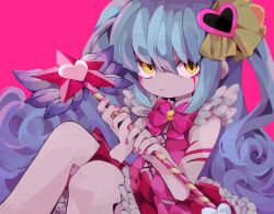 Rule 34 | 1girl, bare arms, blue hair, bow, bowtie, closed mouth, colored tears, crying, dress, hair ornament, heart, heart hair ornament, highres, holding, holding wand, lobotomy corporation, long hair, looking at viewer, muu 037, pink background, pink bow, pink bowtie, pink dress, pink nails, project moon, queen of hatred, solo, two side up, very long hair, wand, yellow eyes