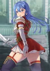 Rule 34 | arm guards, armor, ass, black thighhighs, blue eyes, blue hair, blush, breastplate, caeda (fire emblem), dress, elbow gloves, feet out of frame, fire emblem, fire emblem: mystery of the emblem, garter straps, gloves, hair between eyes, highres, holding, holding sword, holding weapon, long hair, nintendo, open mouth, panties, pantyshot, red dress, short dress, short sleeves, shoulder armor, sword, thighhighs, thighs, underwear, upskirt, v-shaped eyebrows, weapon, white gloves, white panties, yuzuruka (bougainvillea)