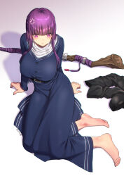 Rule 34 | 1girl, anger vein, arm support, barefoot, black footwear, blue dress, blunt bangs, blush, boots, breasts, closed mouth, dress, eyelashes, feet, fern (sousou no frieren), full body, gradient background, grey background, highres, impossible clothes, impossible dress, large breasts, long hair, long sleeves, on ground, paid reward available, pout, purple eyes, purple hair, shadow, sidelocks, sitting, solo, sousou no frieren, staff, toenails, toes, unworn boots, white background, yamauchi (conan-comy), yokozuwari