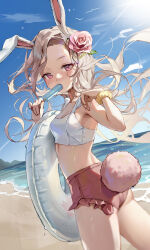 Rule 34 | 1girl, absurdres, animal ears, beach, blue sky, blush, bodiedwile, breasts, cleavage, commentary, day, eating, flower, food, hair flower, hair ornament, hand up, highres, holding, holding food, holding popsicle, holding swim ring, horizon, innertube, light brown hair, long hair, looking at viewer, looking back, mole, mole under eye, ocean, original, outdoors, pink eyes, pink flower, pink rose, popsicle, rabbit ears, rabbit girl, rabbit tail, rose, sky, small breasts, sun, swim ring, swimsuit, tail