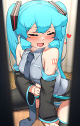 Rule 34 | 1girl, :d, abmayo, aqua hair, bare shoulders, black thighhighs, closed eyes, detached sleeves, green hair, grey shirt, hatsune miku, heart, long hair, long sleeves, necktie, open mouth, panties, pussy juice, saliva, shirt, shoulder tattoo, sitting, skirt, smile, solo, striped clothes, striped panties, tattoo, thighhighs, tie clip, twintails, underwear, very long hair, vocaloid
