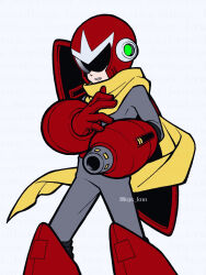 Rule 34 | 1boy, absurdres, arm cannon, clenched teeth, commentary request, helmet, highres, kys knn, male focus, mega man (classic), mega man (series), no humans, parted lips, proto man, red footwear, robot, scarf, shade, shield, simple background, solo, teeth, weapon, white background, yellow scarf