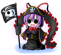Rule 34 | &gt;:d, 1girl, :d, blush, blush stickers, chibi, crossed arms, female focus, flag, frills, hat, ichimi, jacket, jacket on shoulders, nagae iku, open mouth, pirate, pirate hat, purple hair, shawl, short hair, skull and crossbones, smile, solid circle eyes, solo, standing, touhou, v-shaped eyebrows