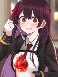 Rule 34 | 1girl, blazer, blush, collared shirt, commentary request, dropping, food, food on face, girls&#039; frontline, hair ribbon, half updo, ice cream, jacket, koenza botoke, long hair, long sleeves, looking at viewer, necktie, open mouth, purple hair, red eyes, red necktie, red ribbon, ribbon, shirt, solo, spoon, surprised, upper body, wa2000 (girls&#039; frontline), white shirt
