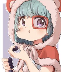 Rule 34 | 1girl, :t, animal ears, animal hood, blush, capelet, closed mouth, eating, fake animal ears, food, fur-trimmed capelet, fur-trimmed hood, fur trim, green hair, hands up, highres, hood, hood up, hooded capelet, looking at viewer, one piece, purple background, purple eyes, red-framed eyewear, red capelet, solo, sugar (one piece), two-tone background, upper body, white background, yukie (kusaka shi)