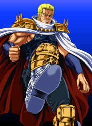 Rule 34 | 1boy, armor, blonde hair, cape, gold armor, highres, hokuto no ken, knee pads, male focus, manly, minakami azuki, muscular, pauldrons, shoulder armor, shoulder pads, solo, souther, spikes, wristband