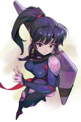 Rule 34 | 1girl, black hair, bodysuit, boomerang, breasts, closed mouth, full body, highres, inuyasha, japanese clothes, kimono, long hair, looking at viewer, makeup, md5 mismatch, medium breasts, ponytail, purple eyes, resolution mismatch, sango (inuyasha), shop p, smile, solo, source larger, weapon, white background