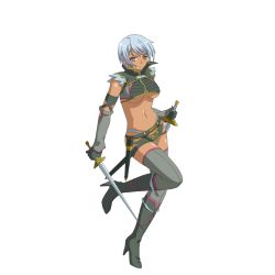 Rule 34 | 1girl, akaga hirotaka, blue hair, boots, breasts, dark-skinned female, dark skin, elbow gloves, female focus, gloves, grey thighhighs, high heels, irma (queen&#039;s blade), knee boots, large breasts, legs, long image, long legs, midriff, queen&#039;s blade, red eyes, revealing clothes, sheath, shoes, short hair, sideboob, sitting, smile, solo, standing, sword, tall image, thighhighs, thighs, transparent background, turtleneck, underboob, weapon