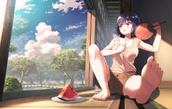 Rule 34 | 1girl, against wall, bad id, bad pixiv id, barefoot, blue eyes, blue hair, blue sky, blush, breasts, brown shorts, brown tank top, ceiling, cleavage, cloud, commentary, day, feet, food, foot focus, foreshortening, fruit, hand fan, highres, holding, holding fan, koh rd, medium breasts, open mouth, original, plate, pond, rock, short hair, shorts, sitting, sky, sliding doors, soles, solo, tank top, tatami, toes, tree, watermelon, watermelon slice, wooden floor
