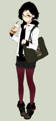 Rule 34 | 1girl, bag, black eyes, black hair, character request, coffee cup, copyright request, cup, disposable cup, full body, nail polish, pantyhose, pantyhose under shorts, red pantyhose, shoes, short hair, shorts, shoulder bag, simple background, sneakers, solo, zakka (d-o-t)