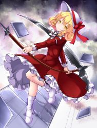 Rule 34 | 1girl, aka tawashi, blonde hair, boots, bow, commentary request, dress, elly (touhou), hat, hat bow, hat ribbon, high heel boots, high heels, highres, holding, holding scythe, long sleeves, looking at viewer, red bow, red dress, red ribbon, ribbon, scythe, short hair, smile, solo, touhou, touhou (pc-98), white footwear, white hat, yellow eyes