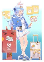 Rule 34 | 1girl, absurdres, animal ears, bare legs, belt, blue jacket, blue nails, carrot, chen yang yang, choker, coffee cup, cup, disposable cup, earrings, eyewear on head, hair bun, heart, highres, hololive, jacket, jewelry, leaning on object, long hair, multicolored hair, nail polish, official alternate costume, open mouth, pekomon (usada pekora), phone, photo (object), postbox (outgoing mail), rabbit-shaped eyewear, rabbit-shaped pupils, rabbit ears, rabbit girl, rolling suitcase, round teeth, sailor collar, school uniform, serafuku, shirt, shoes, short eyebrows, single hair bun, skirt, sneakers, spoken heart, standing, suitcase, sunglasses, symbol-shaped pupils, teeth, thick eyebrows, two-tone hair, usada pekora, usada pekora (casual), virtual youtuber, white belt, white shirt, white skirt