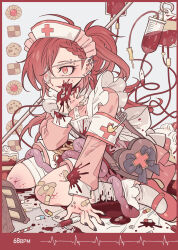 Rule 34 | 1other, absurdres, apron, arm support, armband, bandaged leg, bandages, bandaid, bandaid on leg, black footwear, blood, blood bag, blood on clothes, blood on face, blood on hands, cake, cake slice, checkerboard cookie, chocolate chip cookie, cookie, cross, dress, ear piercing, eyepatch, fang, food, frilled apron, frills, full body, guro, hair over one eye, hand up, hat, highres, intestines, intravenous drip, kei (meremero), long hair, long sleeves, mary janes, medical eyepatch, meremero, nail polish, nurse, nurse cap, open mouth, original, piercing, pill, pink dress, ponytail, red cross, red eyes, red hair, shoes, sitting, skin fang, slit pupils, smile, solo, syringe, white apron