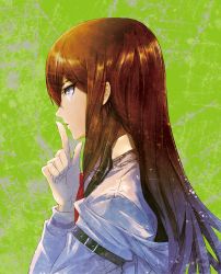 Rule 34 | 1girl, arm belt, belt, brown hair, eyelashes, finger to mouth, from side, green background, hand up, highres, huke, index finger raised, long hair, long sleeves, looking at viewer, makise kurisu, necktie, off shoulder, official art, parted lips, profile, purple eyes, red necktie, shushing, sideways glance, solo, steins;gate, upper body