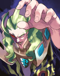 Rule 34 | 1boy, arm up, commentary request, creatures (company), donnpati, eyepiece, fingernails, from above, game freak, ghetsis (pokemon), green hair, highres, long hair, male focus, nintendo, open mouth, pokemon, pokemon bw, red-tinted eyewear, red eyes, solo, team plasma, teeth, tinted eyewear, tongue