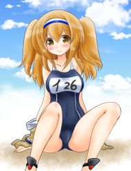Rule 34 | 10s, 1girl, breasts, brown eyes, clothes writing, cloud, day, hairband, i-26 (kancolle), jacket, jacket over swimsuit, kantai collection, large breasts, light brown hair, long hair, md5 mismatch, name tag, new school swimsuit, one-piece swimsuit, resolution mismatch, school swimsuit, sitting, sky, smile, solo, swimsuit, tamanori (isokazelove), two-tone hairband, two side up