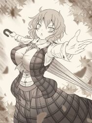 Rule 34 | 1girl, ascot, blush, breasts, collared shirt, commentary, erechan, greyscale, holding, holding umbrella, kazami yuuka, large breasts, leaf, long sleeves, looking at viewer, monochrome, plaid, plaid skirt, plaid vest, shirt, short hair, skirt, solo, touhou, umbrella, v-shaped eyebrows, vest