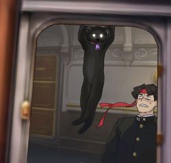 Rule 34 | 1boy, ace attorney, animal, black cat, black hair, black jacket, breast pocket, buttons, cat, collar, constricted pupils, darka (ace attorney), door, glowing, glowing eyes, godzillapigeon1, hanging, headband, indoors, jacket, kazuma asogi, long sleeves, looking at animal, looking up, male focus, neck bell, nervous, open mouth, pocket, red headband, short hair, standing, sweat, the great ace attorney, the great ace attorney: adventures, upper body, yellow eyes