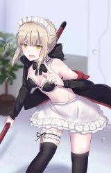 Rule 34 | 1girl, absurdres, apron, artoria pendragon (alter swimsuit rider) (fate), artoria pendragon (alter swimsuit rider) (second ascension) (fate), artoria pendragon (fate), bare shoulders, bikini, black thighhighs, blonde hair, blush, breasts, eyebrows hidden by hair, fate/grand order, fate (series), hair between eyes, highres, holding, holding mop, indoors, leg belt, looking at viewer, maid, maid apron, maid bikini, maid headdress, mop, open mouth, ribbon, sii artatm, smile, solo, stomach, swimsuit, thighhighs, unconventional maid, yellow eyes