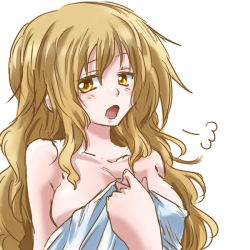 Rule 34 | 1girl, bare shoulders, blonde hair, blush, breasts, large breasts, long hair, looking at viewer, naked towel, no headwear, open mouth, simple background, solo, touhou, towel, unya, upper body, watatsuki no toyohime, white background, yellow eyes