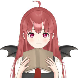 Rule 34 | 1girl, ahoge, bad id, bad pixiv id, bat wings, blush, book, closed mouth, dot nose, female focus, fingernails, hands up, holding, holding book, koakuma, light blush, long hair, looking at viewer, nail polish, necktie, open book, pink nails, purple eyes, red hair, red necktie, simple background, smile, solo, touhou, upper body, user zpaf4388, white background, wings