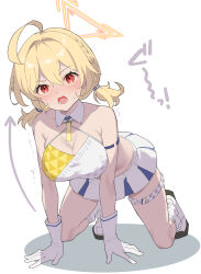 Rule 34 | 1girl, ahoge, all fours, ariko youichi, bare shoulders, blonde hair, blue archive, blush, breasts, cheerleader, cleavage, commentary request, crop top, full body, gloves, halo, kotori (blue archive), kotori (cheer squad) (blue archive), medium breasts, millennium cheerleader outfit (blue archive), open mouth, red eyes, simple background, skirt, solo, sweat, trembling, twintails, white background, white footwear, white gloves, white skirt, yellow halo